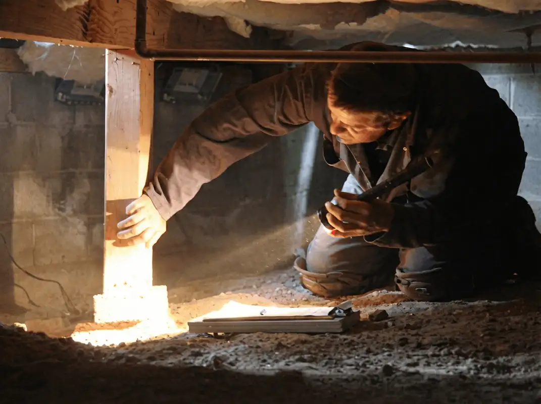 A professional inspecting wooden beams under the floor of a structure in Jacksonville, FL