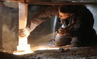 A professional inspecting wooden beams under the floor of a structure in Jacksonville, FL